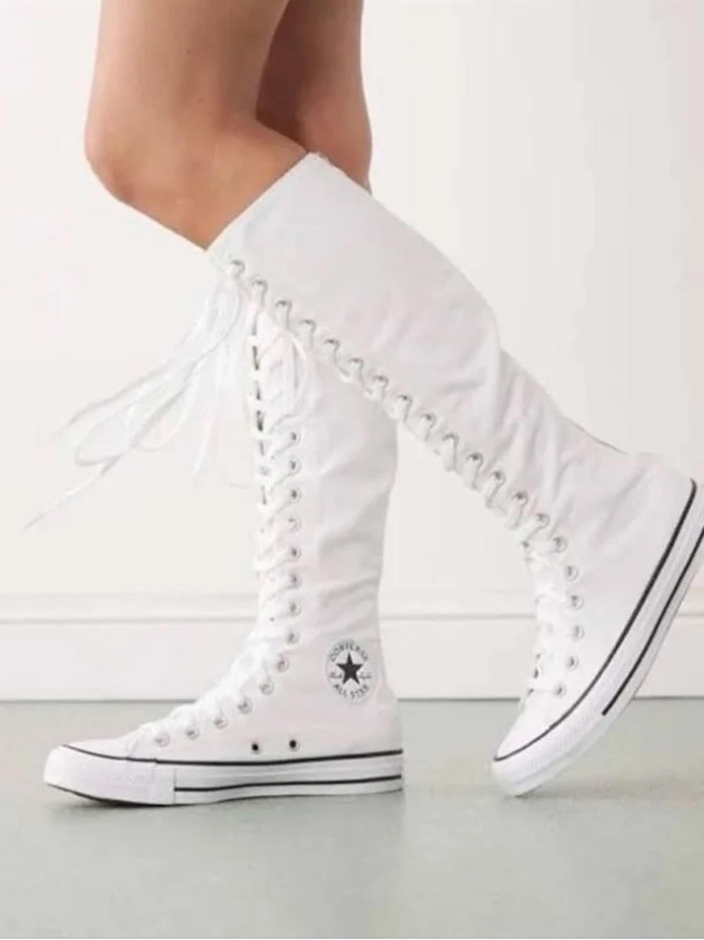 White Knee-High Lace-Up Canvas Sneakers
